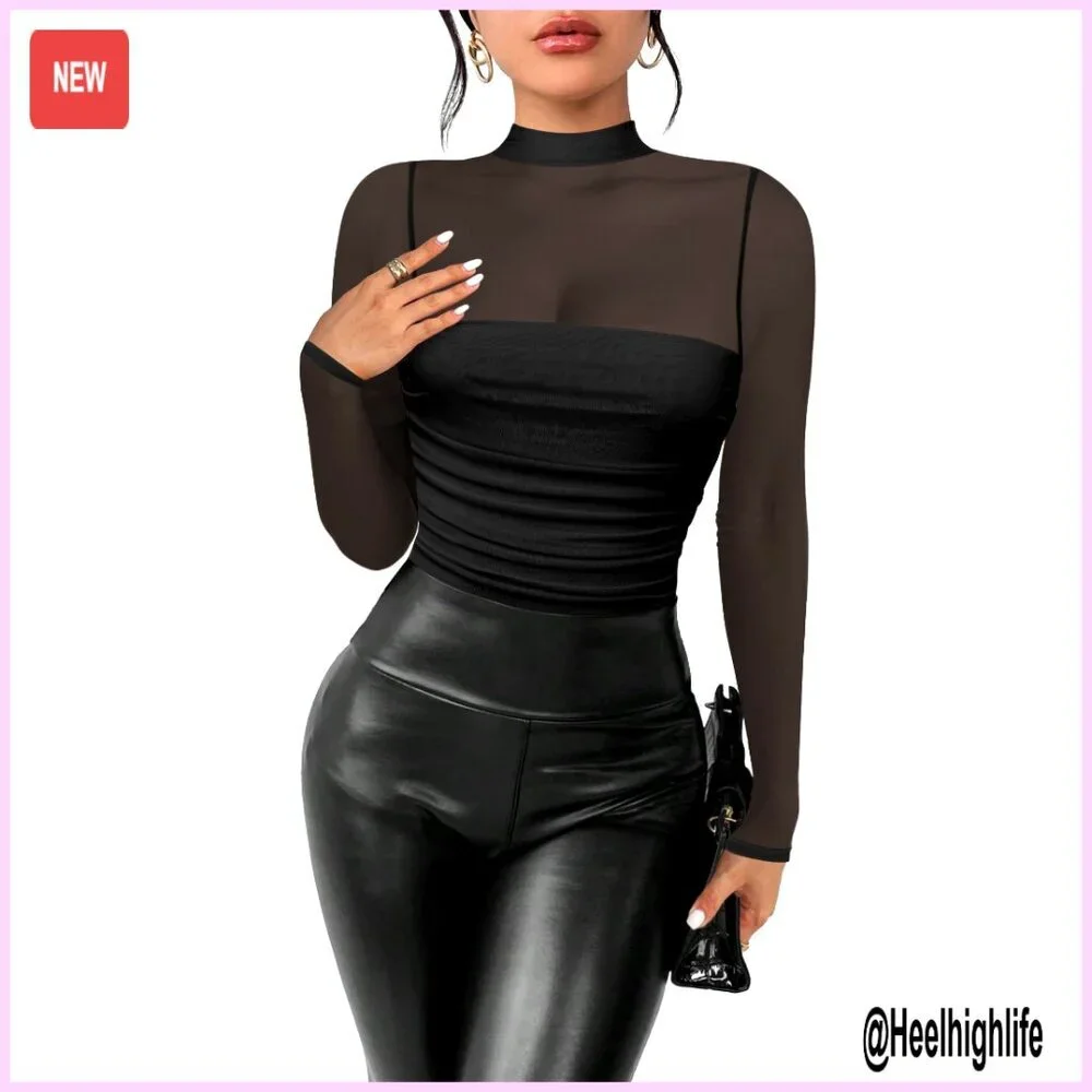 Long Sleeve Mock Neck Mesh Bodysuit with Ruched Detail